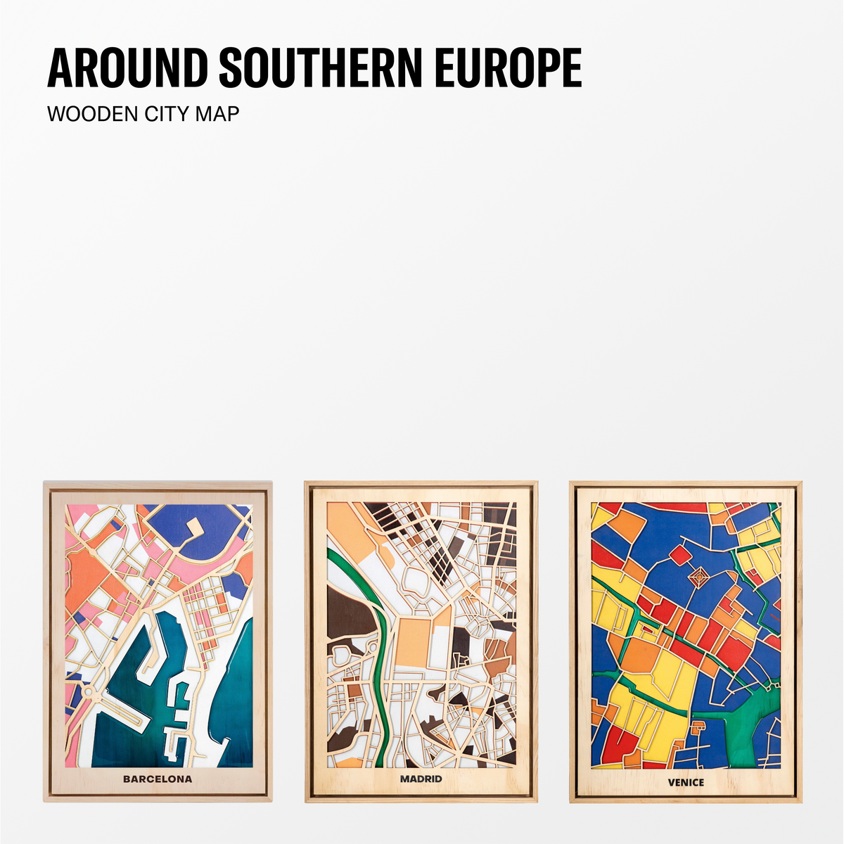 World Wooden City Map - Southern EU Cities
