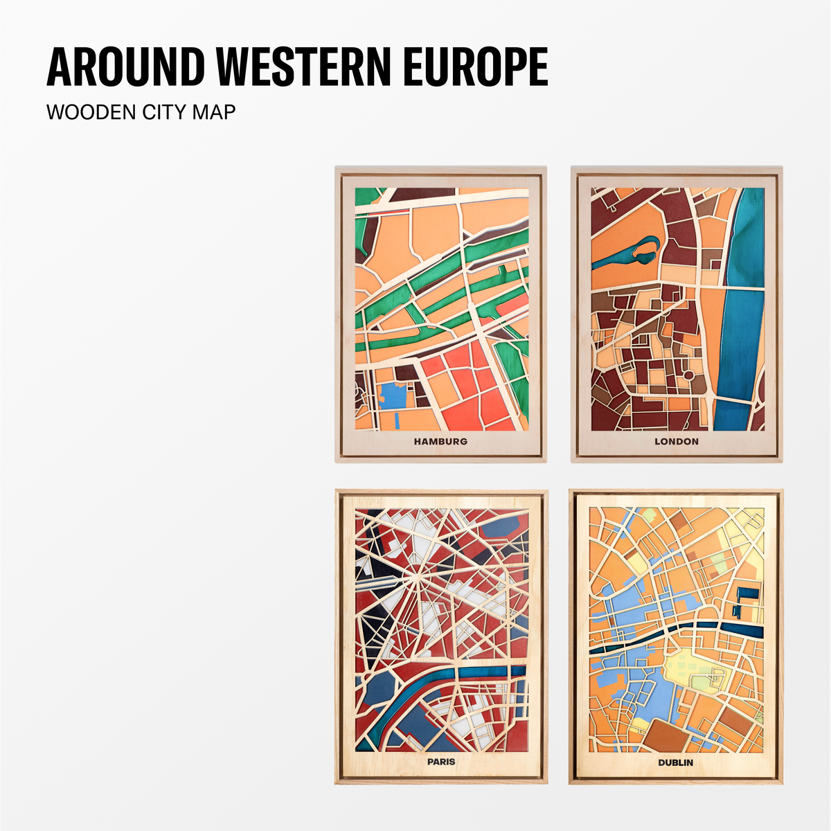 World Wooden City Map - Western EU Cities